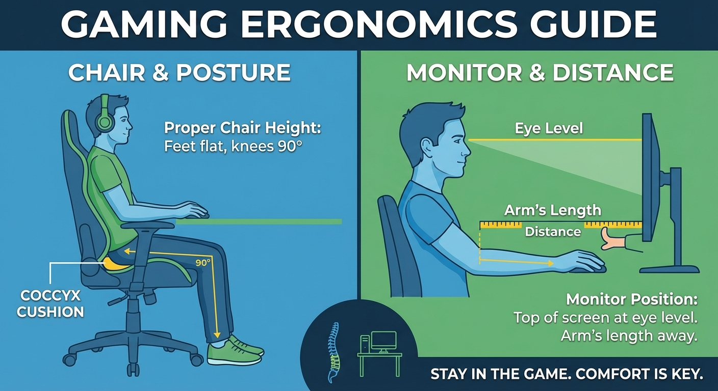 Gaming chair ergonomics setup infographic with cushion placement guide