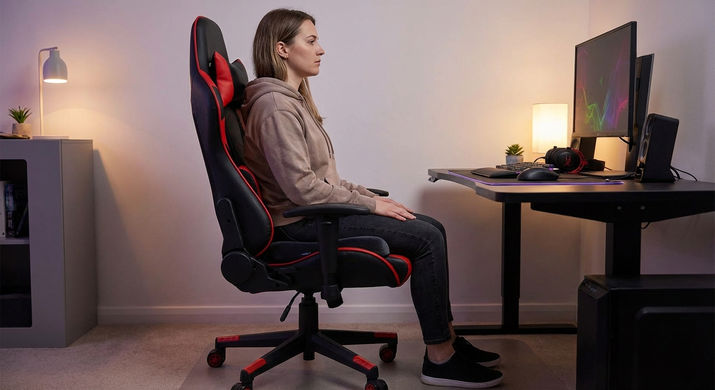 Person sitting in gaming chair with ergonomic coccyx cushion showing proper posture