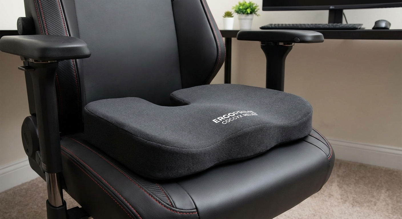 Ergonomic coccyx relief cushion on gaming chair seat with tailbone cutout visible