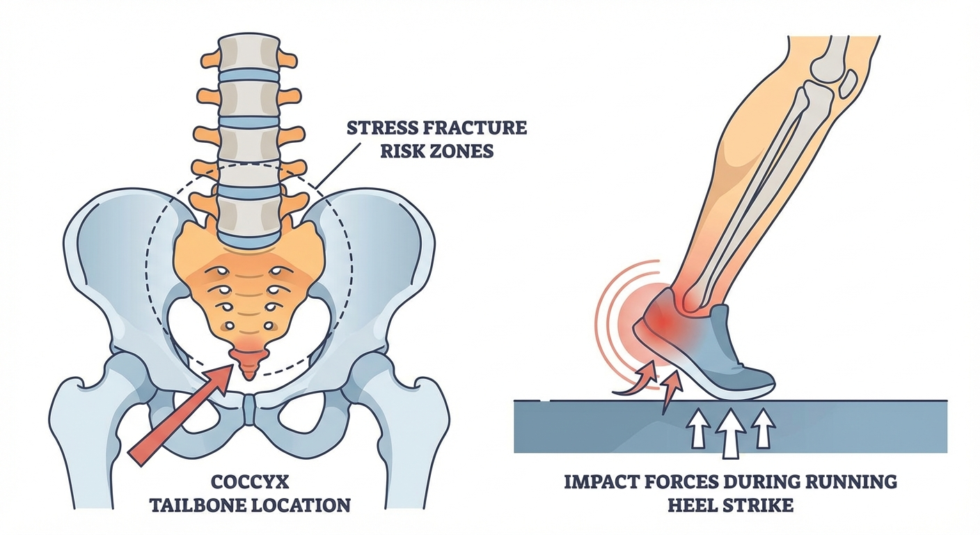Medical anatomy infographic showing coccyx tailbone location, impact forces during running heel strike, and stress fracture risk zones