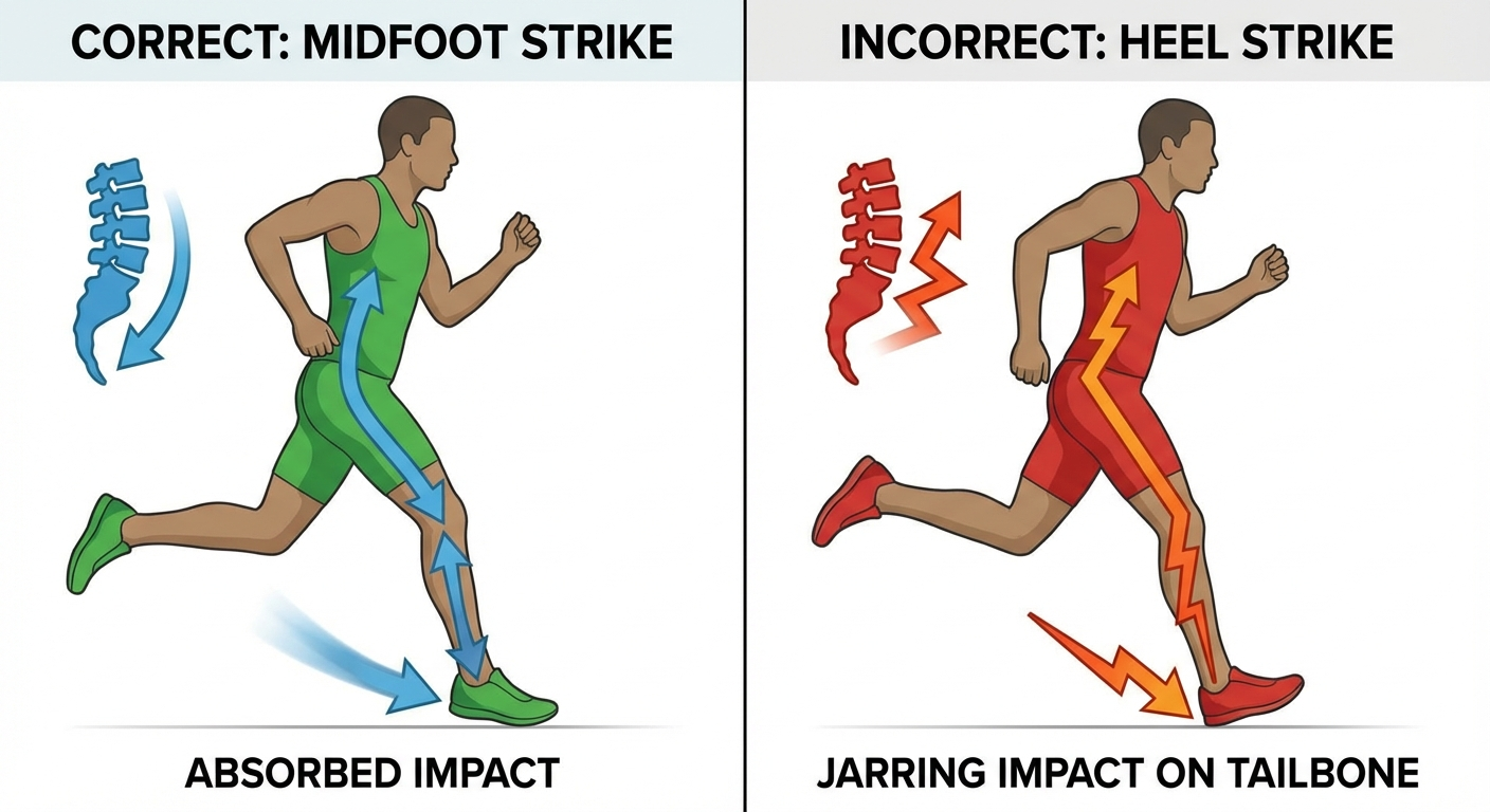 Comparison of correct midfoot strike versus incorrect heel strike running form, showing impact difference on tailbone