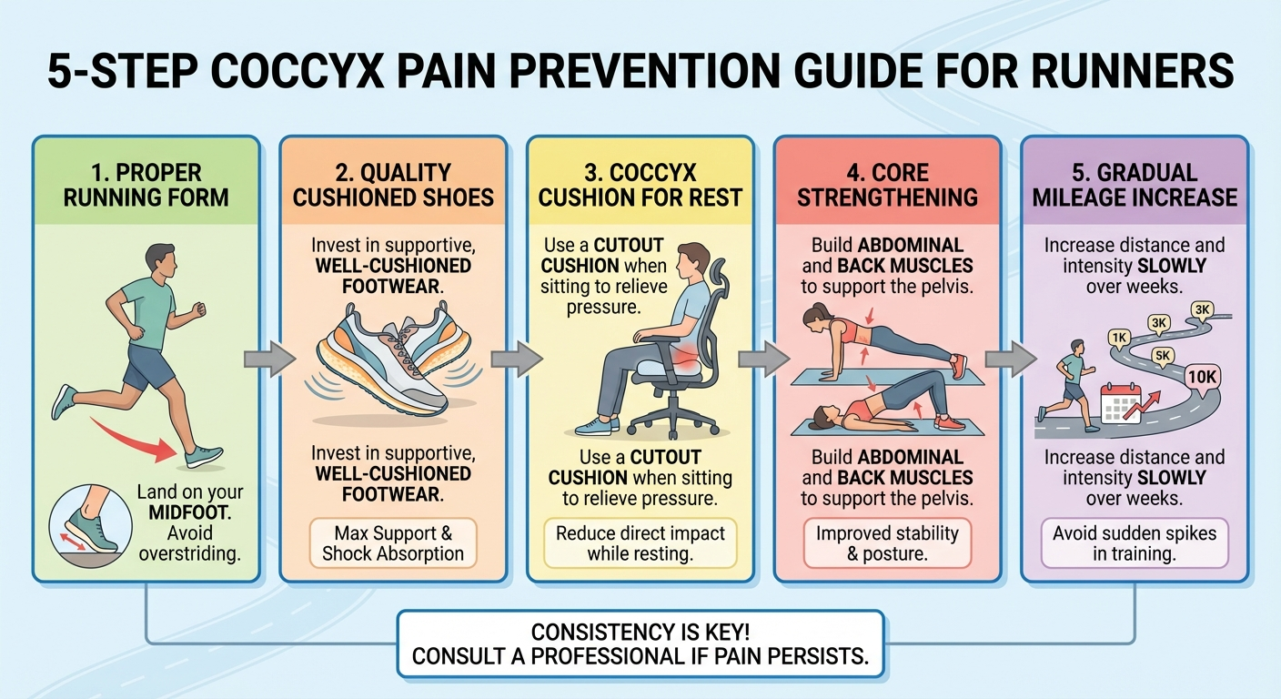 5-step prevention guide infographic for coccyx pain from running: proper form, cushioned shoes, coccyx cushion recovery, core strengthening, gradual mileage