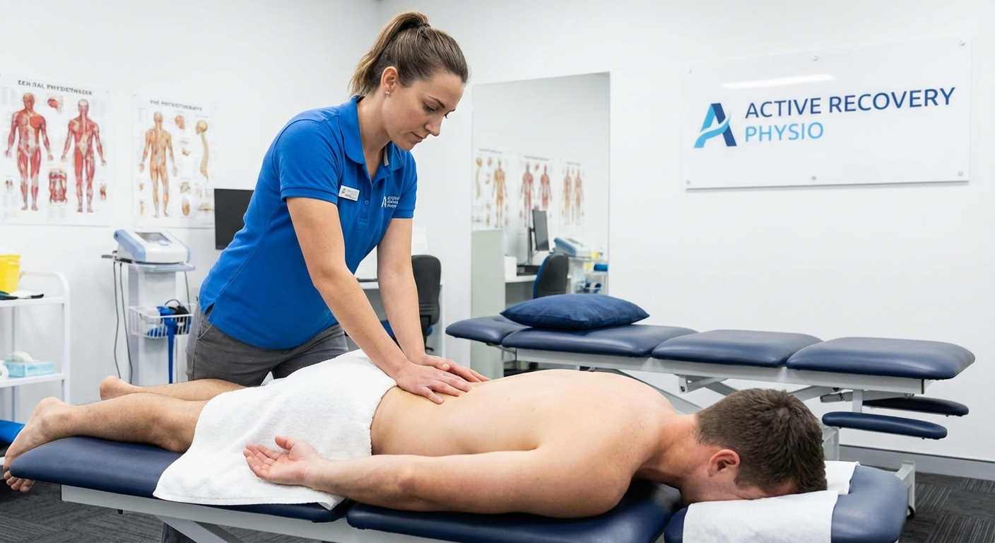 Professional physiotherapist performing coccyx assessment