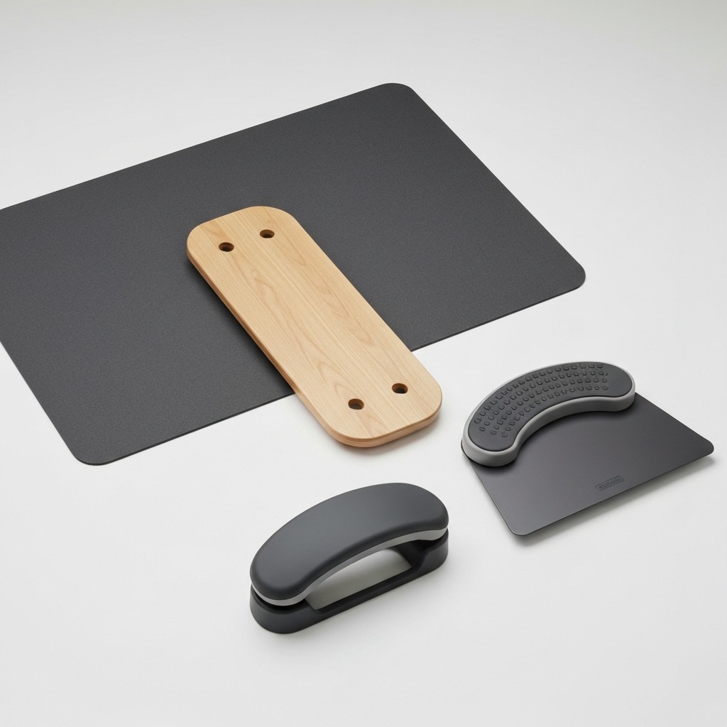 Collection of standing desk accessories including anti-fatigue mat, balance board, footrest, and keyboard tray