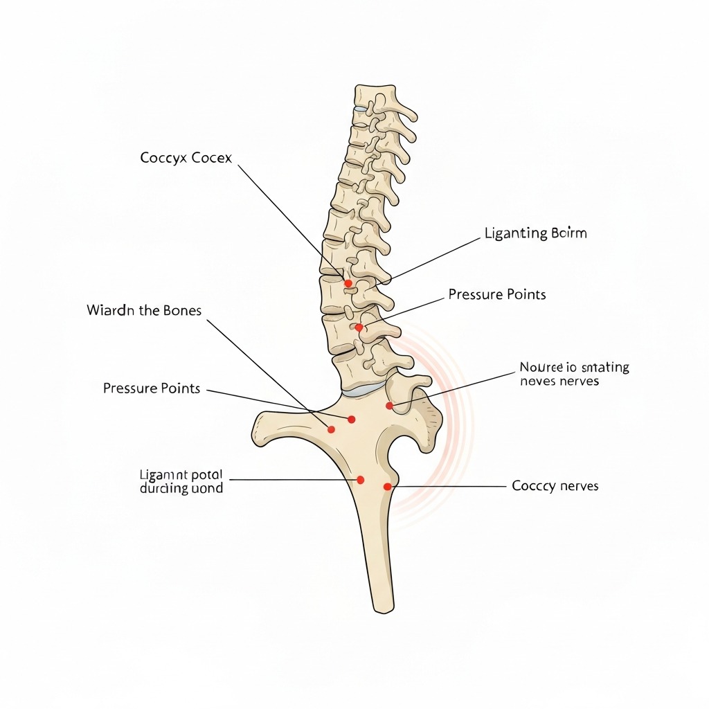 Medical anatomy diagram showing the coccyx at the base of the spine with pressure points during standing and sitting