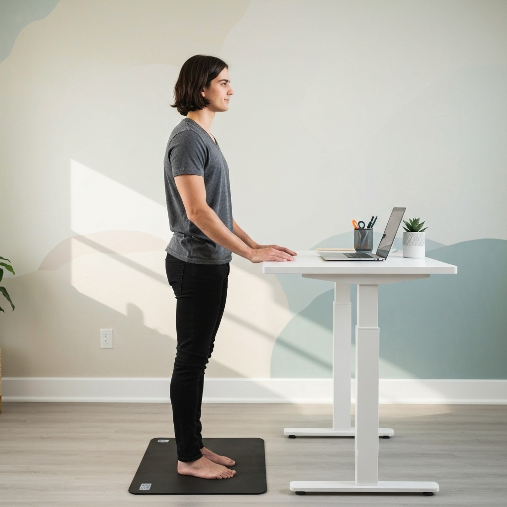 Person standing at a modern standing desk with anti-fatigue mat in a home office — proper ergonomic setup for coccyx pain relief
