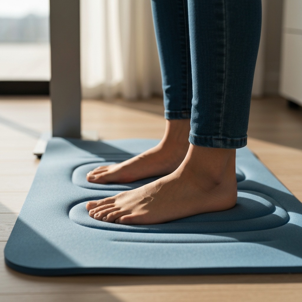Close-up of feet standing on a thick anti-fatigue mat at a standing desk showing cushioning and support