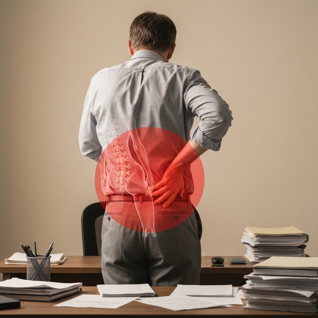 Person standing at a desk showing pain points in lower back area from poor standing posture without anti-fatigue mat