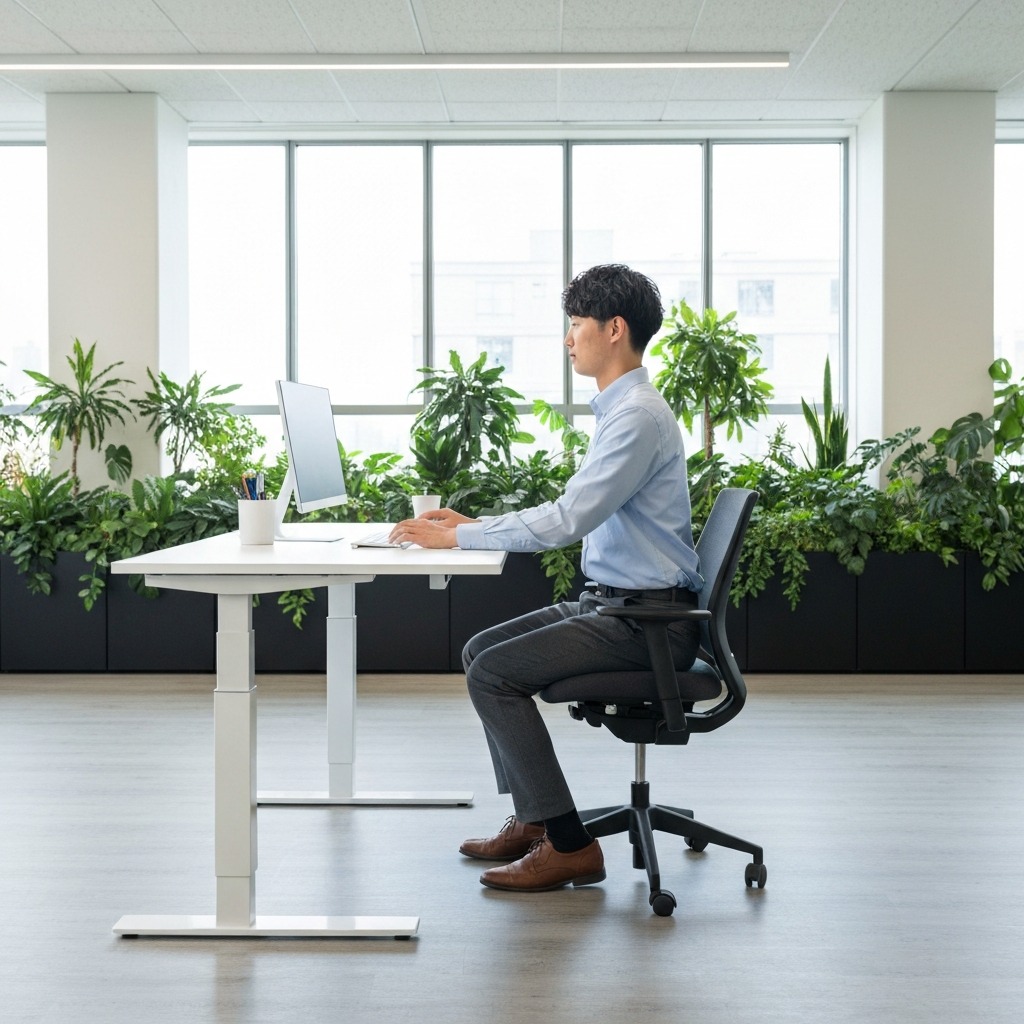 Person transitioning between sitting and standing positions at an adjustable height desk in a modern office