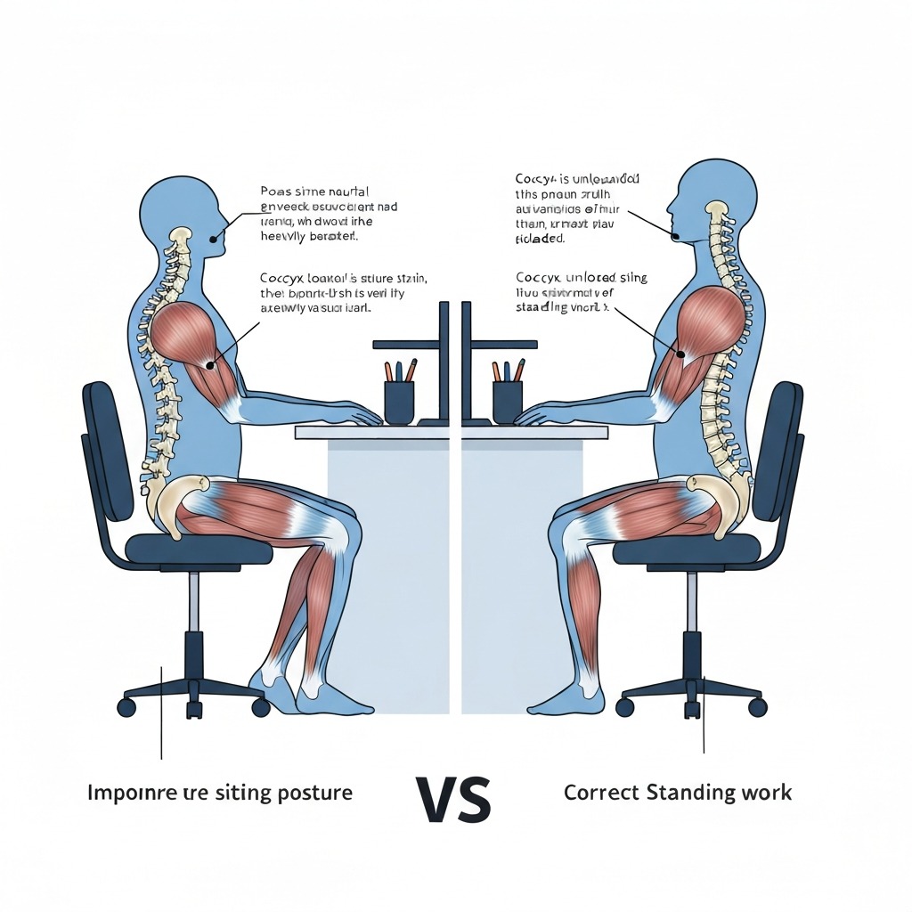 Side-by-side comparison of sitting and standing posture at a desk showing spinal alignment and coccyx pressure differences