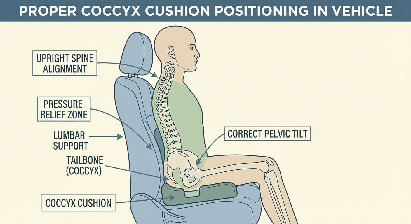 Diagram showing correct coccyx cushion placement in a car seat with the U-shaped cutout aligned to the seat back and driver seated with proper hip angle