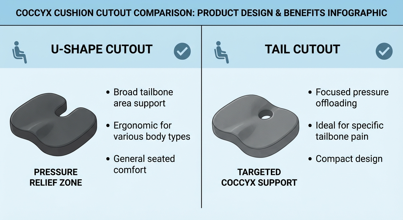 Comparison of U-shaped cutout, wedge cutout, and combination cutout coccyx cushion designs for car seats