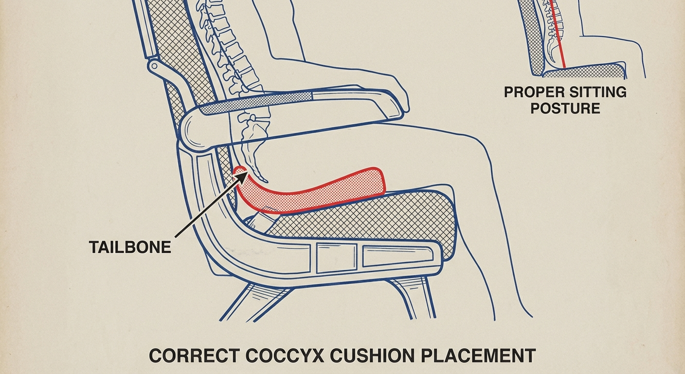 Correct coccyx cushion placement on airplane seat — positioning guide