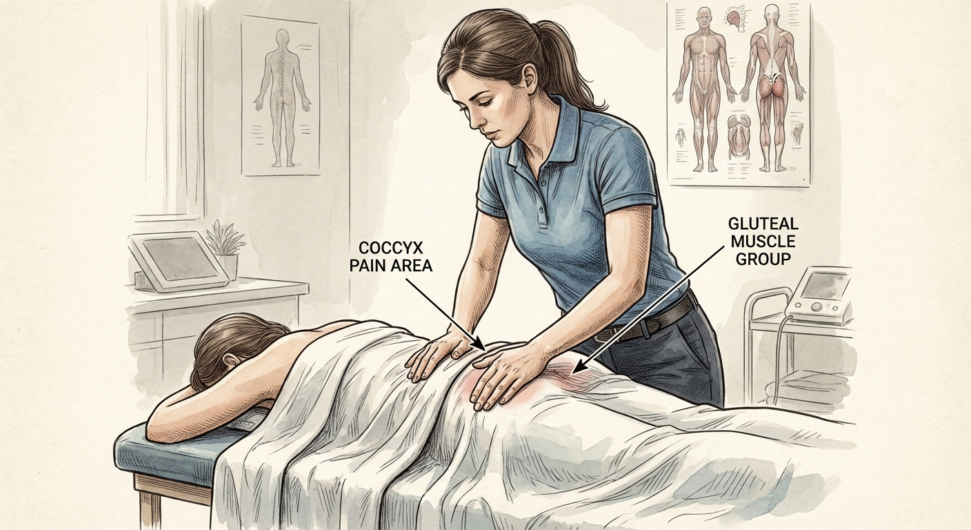 Practitioner performing lower back and gluteal massage on a patient with coccyx pain