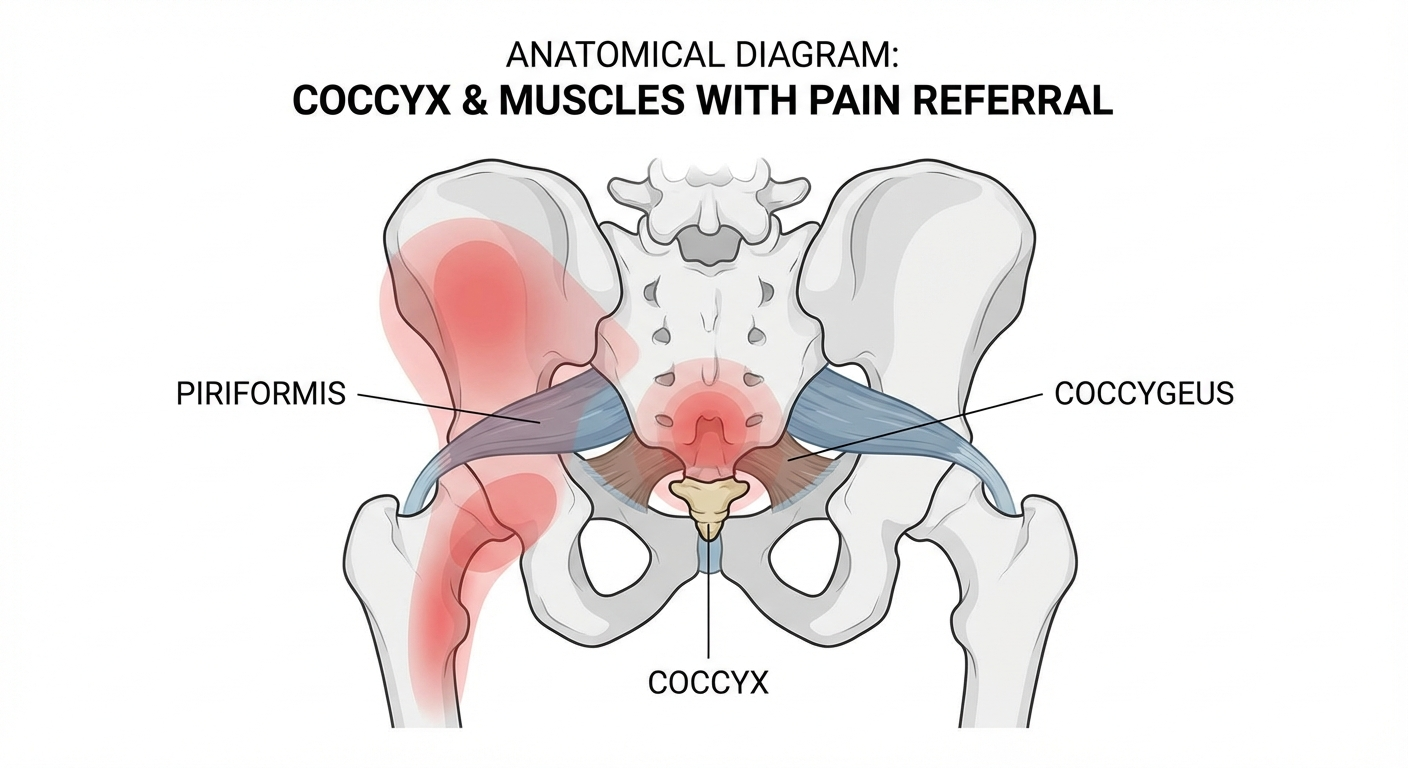 Anatomical diagram showing the coccyx, piriformis, coccygeus, and levator ani muscles with pain referral zones highlighted