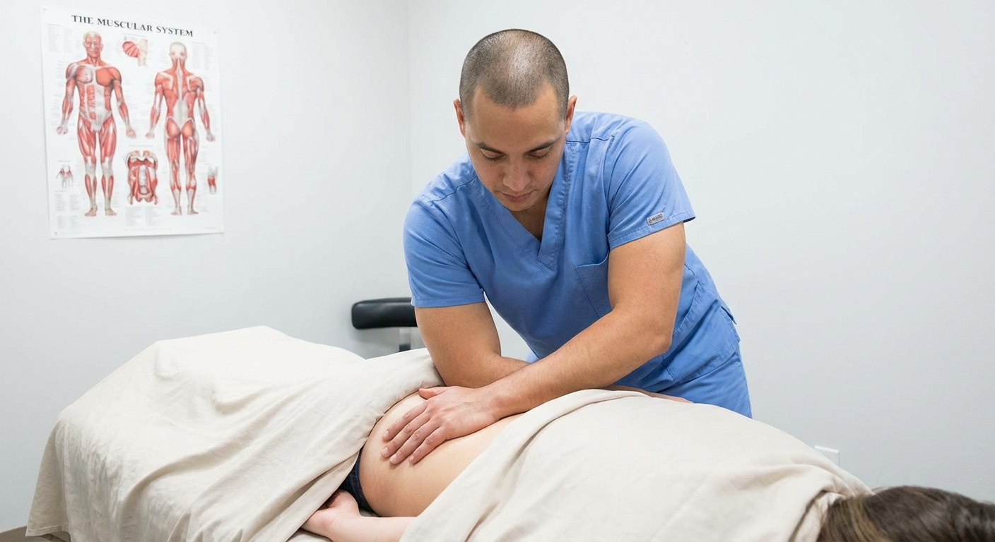 Therapist applying deep tissue pressure to gluteal and piriformis muscle region near the sacrum