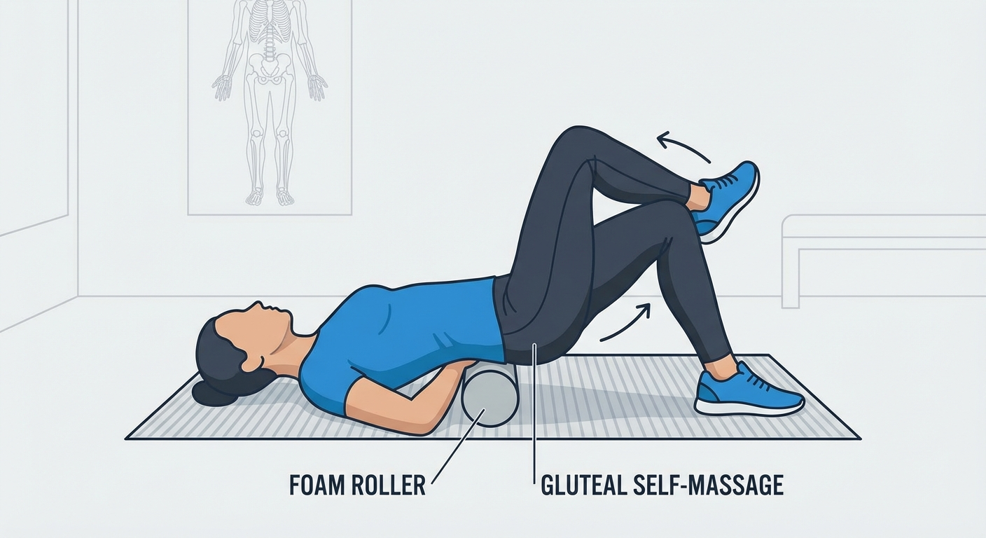 Person lying on a foam roller performing gluteal self-massage with correct position showing roller below sacrum and one knee crossed over the other