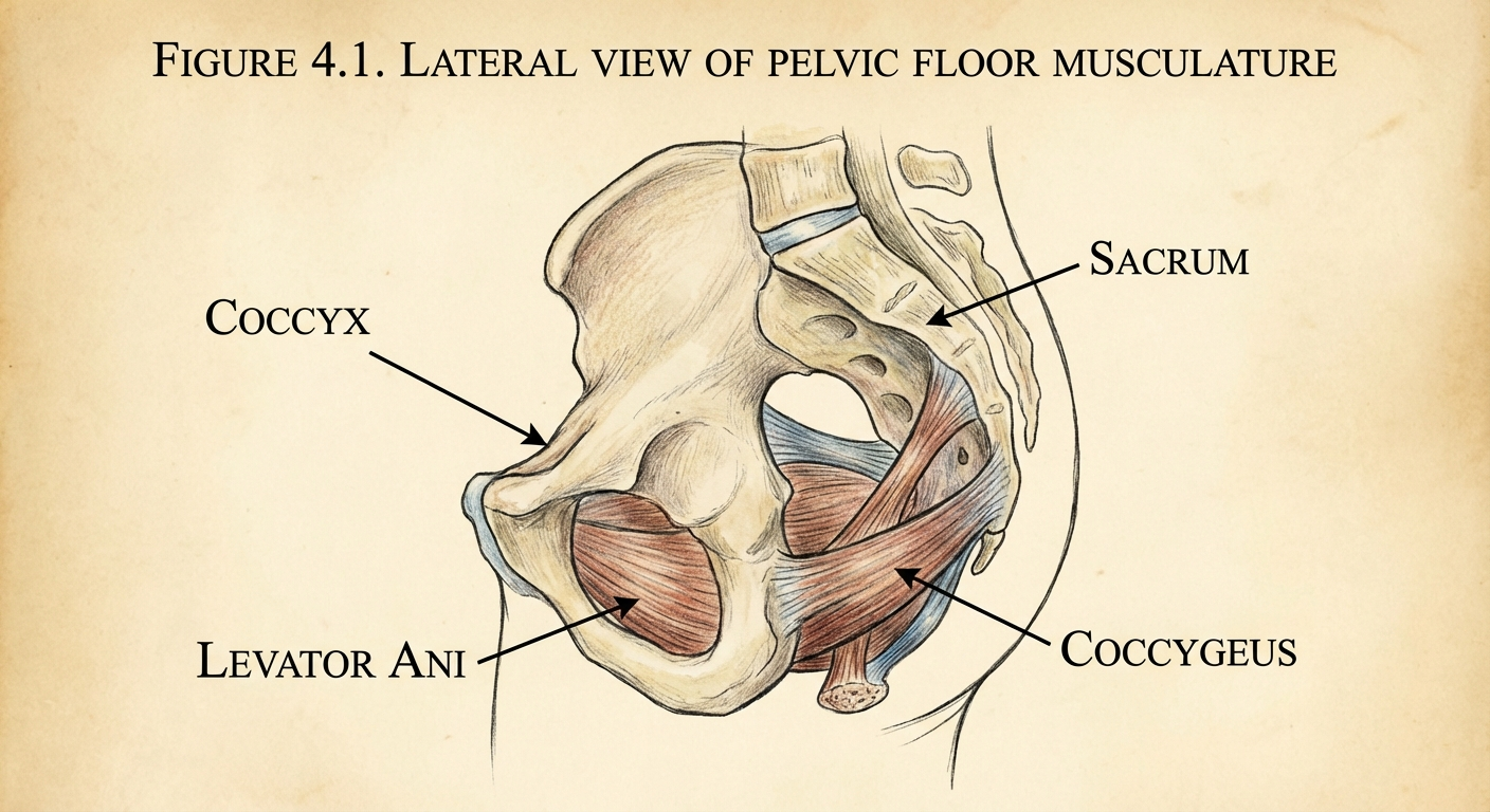 Anatomical illustration of the pelvic floor muscles including levator ani and coccygeus, showing their relationship to the coccyx from a lateral view