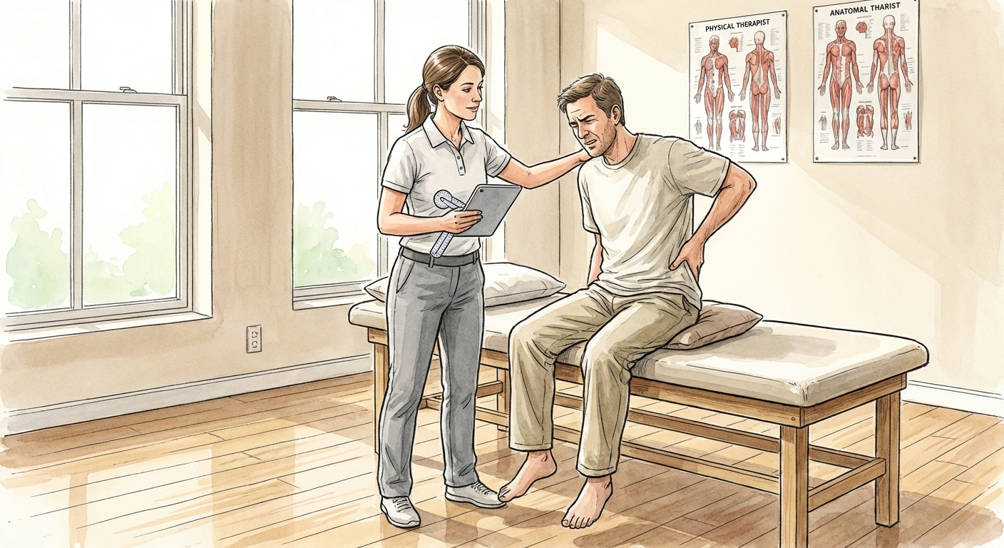 Practitioner conducting a seated assessment of a patient with lower back and coccyx pain, with model showing correct diagnostic hand placement