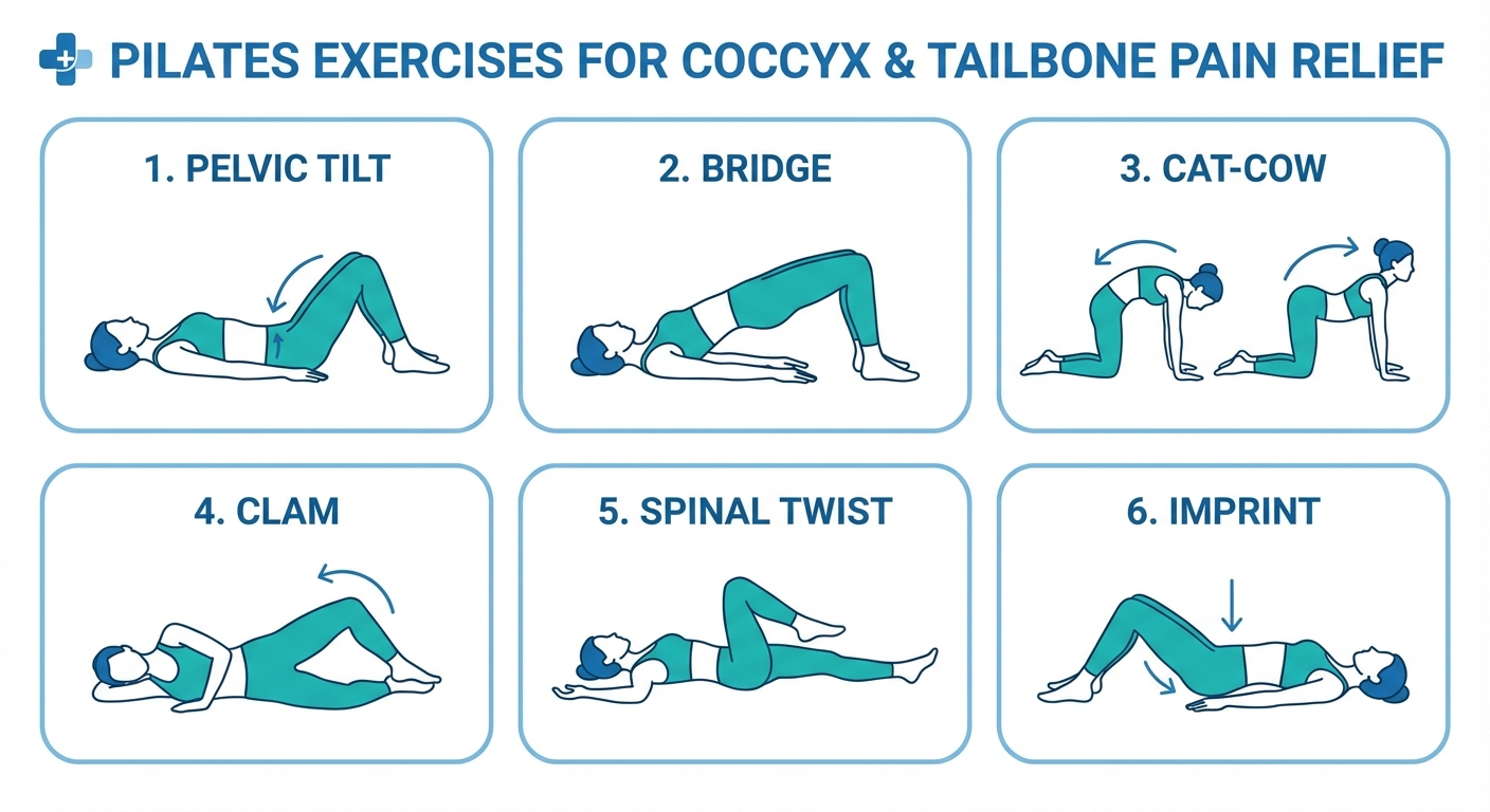 Pilates exercises for coccyx pain — complete visual guide to 6 key movements with technique notes