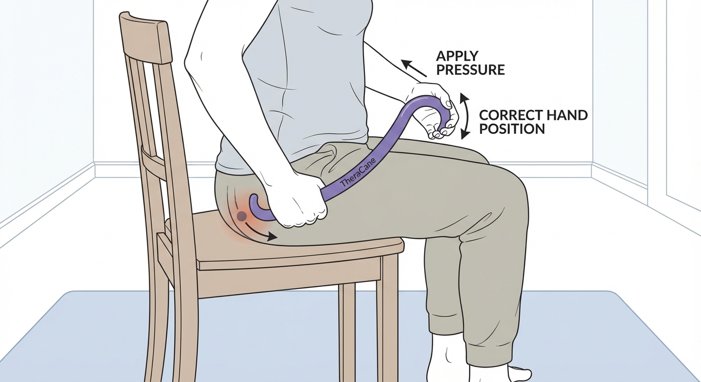 Person using a TheraCane hook-shaped massager to reach gluteal trigger point while seated, with correct hand position demonstrated